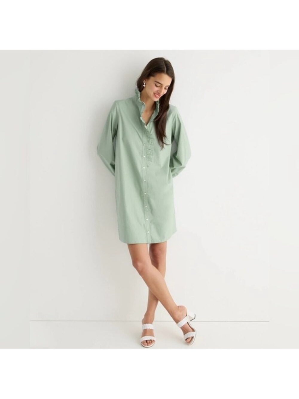 J.Crew Cottage Ruffle Cotton Poplin Green Shirt Dress size 4